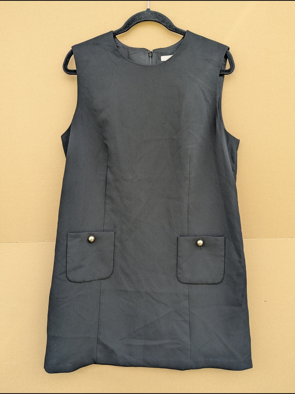 H&M Pocket Front Mod Shift Dress Gold Button Sleeveless Mini Large 10 Workwear